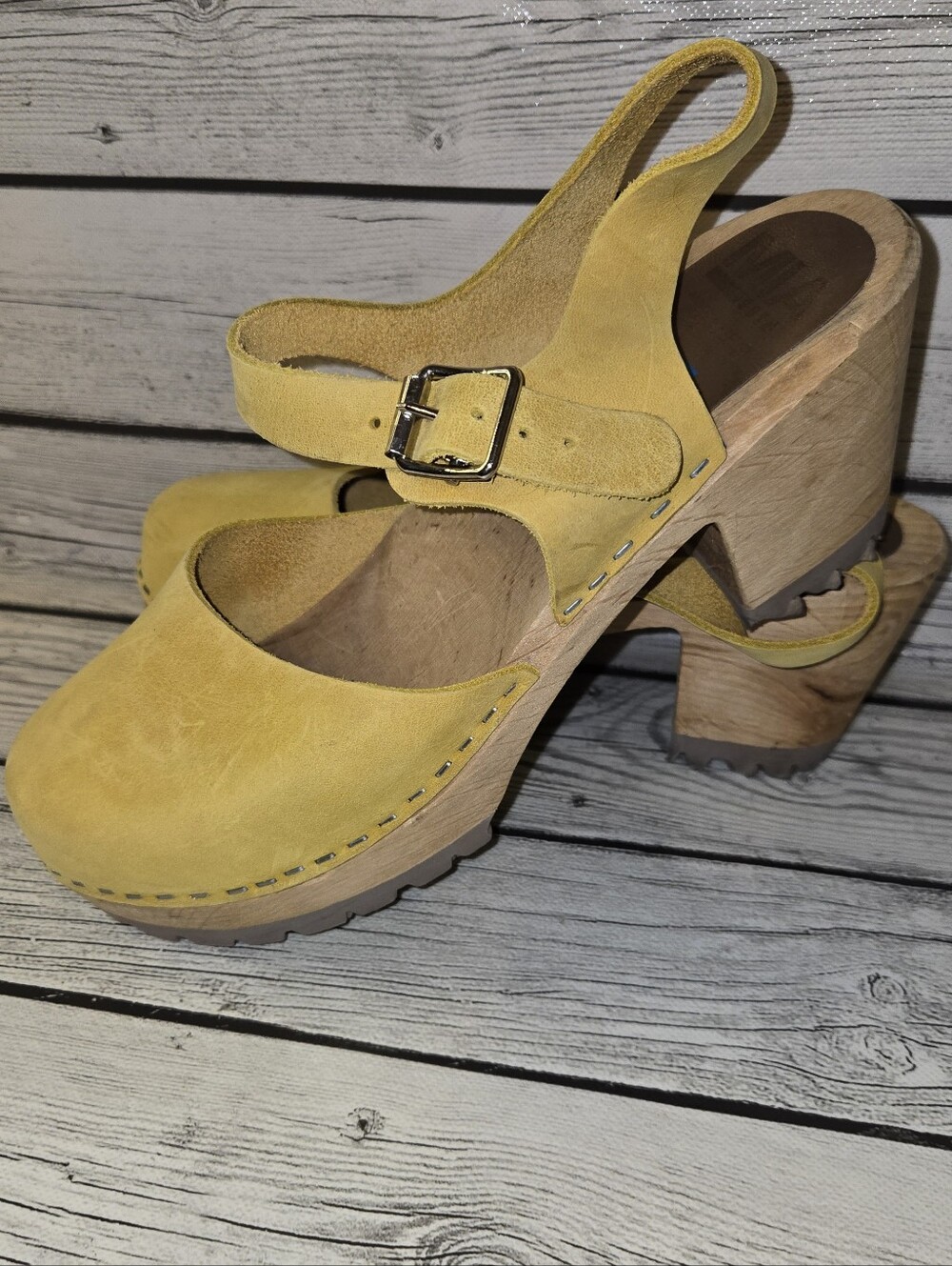 Free People x MIA Freja Yellow Leather Wooden Platform Clog Sandals Women's 40